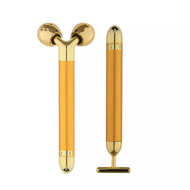 Electric sonic 2-in-1 beauty bar 24K golden pulse face massager 3D roller & T shape lifting bar, Model: 707